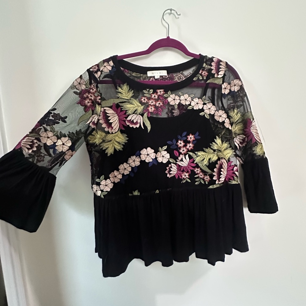 Anthropologie Floral Mesh Black Top